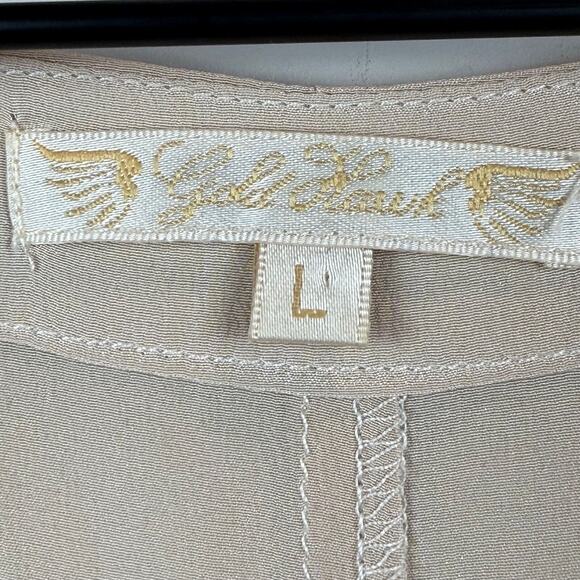 Gold Hawk 100% Silk Top Women's Large Beige Cold Shoulder Lace-Up Blouse Neutral - Picture 6 of 9